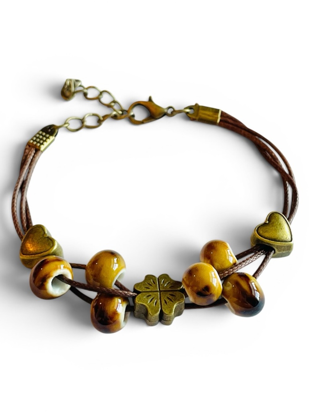 Vintage-Inspired Brown Glass Bead & Clover Charm Bracelet Hearts